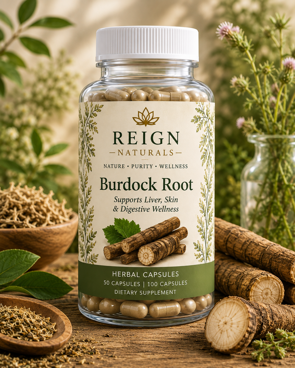 Burdock Root herbal capsules by Reign Naturals